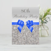 80th Birthday Silver Sequin Royal Blue Bow Diamond Invitation (Standing Front)