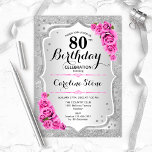 80th Birthday - Silver Stripes Pink Roses Invitation<br><div class="desc">80th Birthday Invitation. Elegant floral design in silver and pink. Features faux glitter silver stripes,  pink roses stylish script font and confetti. Perfect for a glam birthday party.</div>