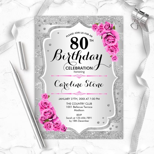 80th Birthday _ Silver Stripes Pink Roses Invitation