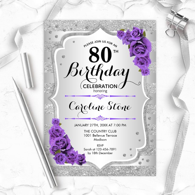 80th Birthday - Silver Stripes Purple Roses Invitation (Creator Uploaded)