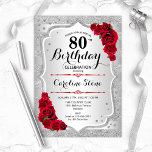 80th Birthday - Silver Stripes Red Roses Invitation<br><div class="desc">80th Birthday Invitation. Elegant floral design in silver and red. Features faux glitter silver stripes,  red roses stylish script font and confetti. Perfect for a glam birthday party.</div>