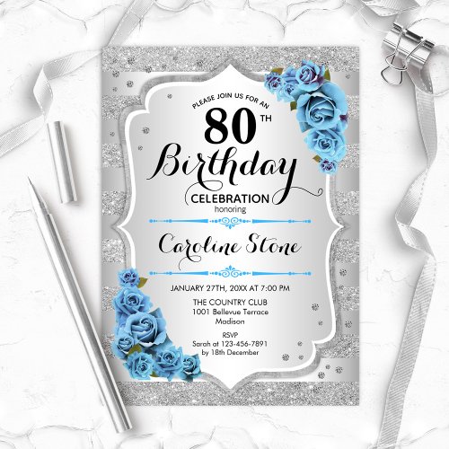 80th Birthday _ Silver Stripes Turquoise Roses Invitation