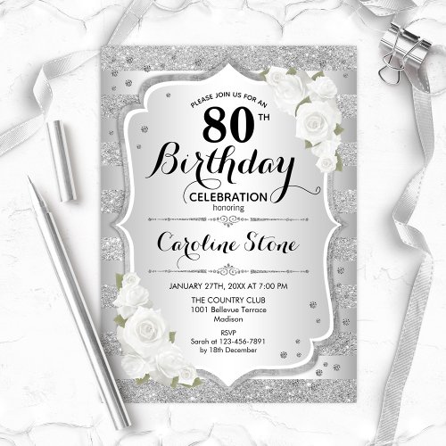 80th Birthday _ Silver Stripes White Roses Invitation