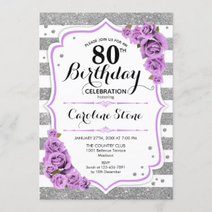 80th Birthday -  Silver White Stripes Purple Roses Invitation