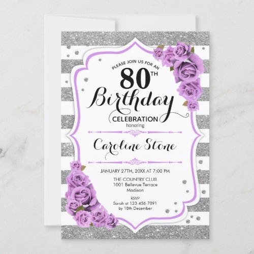 80th Birthday _  Silver White Stripes Purple Roses Invitation