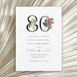 80th Birthday Simple Elegant Traopical Floral Invitation<br><div class="desc">This 80th birthday invitation features a clean, sophisticated design with a touch of elegance. The number "80" is prominently displayed in large, graceful serif font embellished with vibrant tropical flowers and lush foliage to add a burst of color and painted details. Palm fronds, hibiscus, fig blossoms, anthuriums, bird of paradise,...</div>