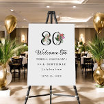 80th Birthday Simple Elegant Tropical Floral Foam Board<br><div class="desc">A simple and sophisticated tropical 80th birthday welcome sign with a touch of elegance. The number "80" is prominently displayed in large, graceful serif font embellished with vibrant tropical flowers and lush foliage to add a burst of color and painted details. Palm fronds, hibiscus, fig blossoms, anthuriums, bird of paradise,...</div>