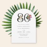 80th Birthday Simple Elegant Tropical Invitation<br><div class="desc">This 80th birthday invitation features a clean, sophisticated design in a trendy arch shape with a touch of elegance. The number "80" is prominently displayed in large, graceful serif font embellished with vibrant tropical flowers and lush foliage to add a burst of color and painted details. Palm fronds, hibiscus, fig...</div>
