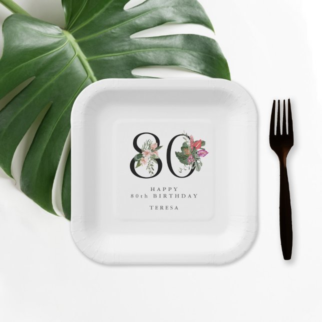 80th Birthday Simple Elegant Tropical Invitation Paper Plates (Creator Uploaded)
