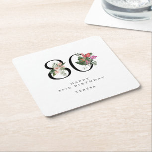 80th Birthday Simple Elegant Tropical Invitation Square Paper Coaster