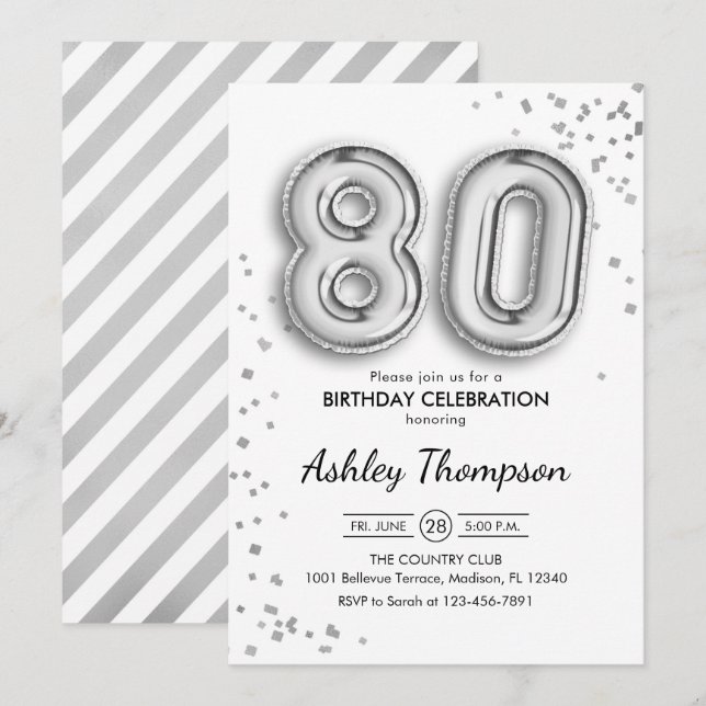 80th Birthday - Slver Balloons Invitation (Front/Back)