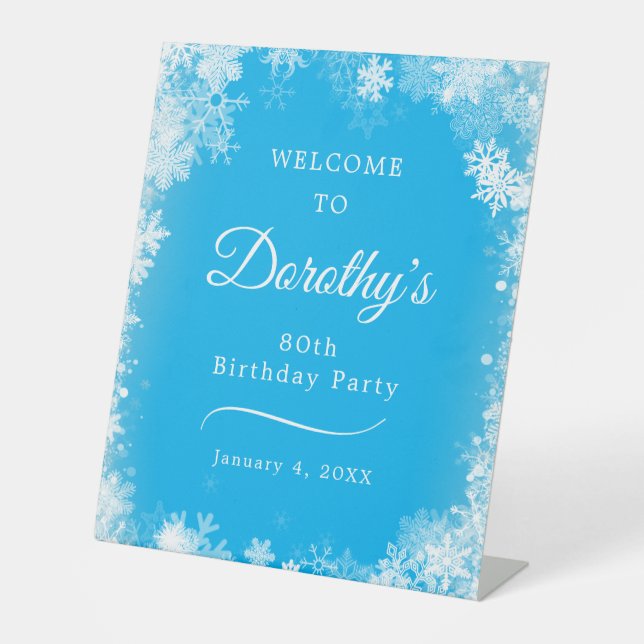 80th Birthday Snowflake Blue Welcome Pedestal Sign (Front)