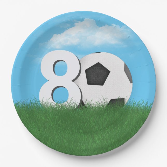 80th Birthday Soccer Ball In Green Grass Paper Plates (Front)