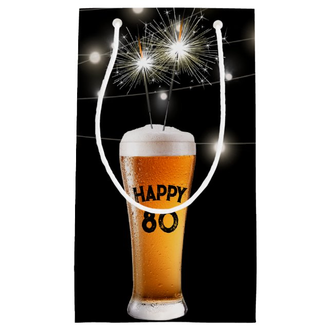 80th Birthday Sparkler In Beer   Small Gift Bag (Front)