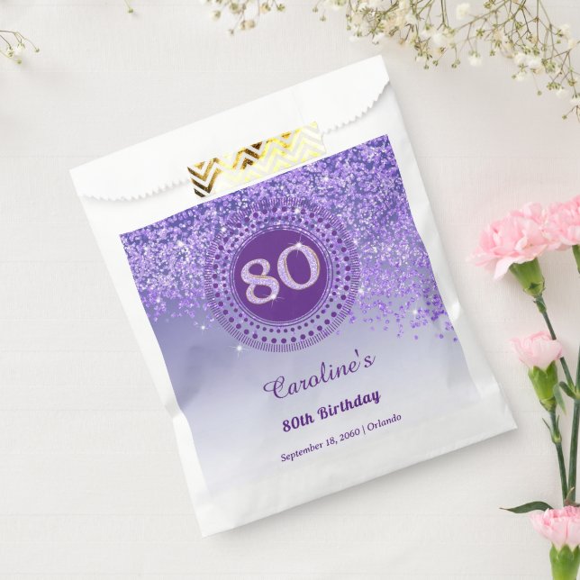 80th Birthday | Sparkling Purple Gold Glitter Favor Bag (Sealed)