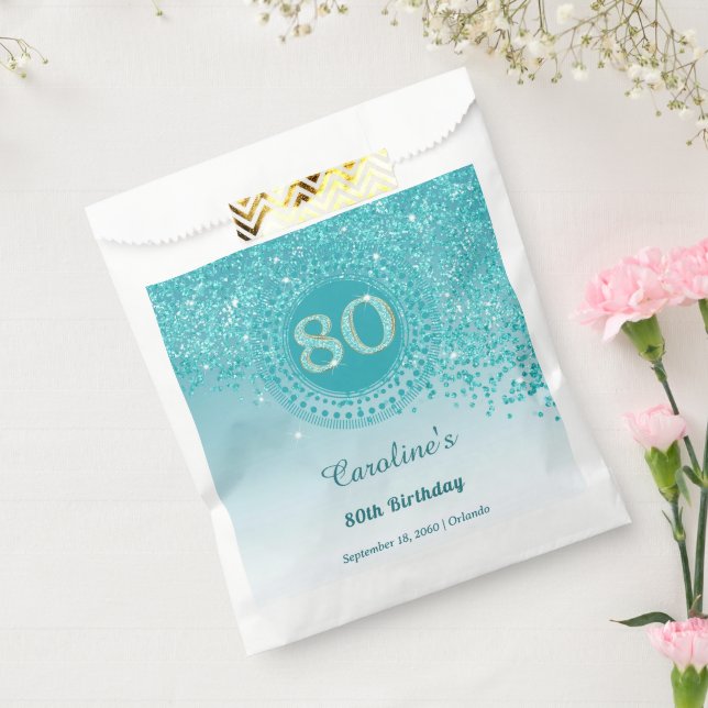80th Birthday | Sparkling Teal Blue Gold Glitter Favor Bag (Sealed)