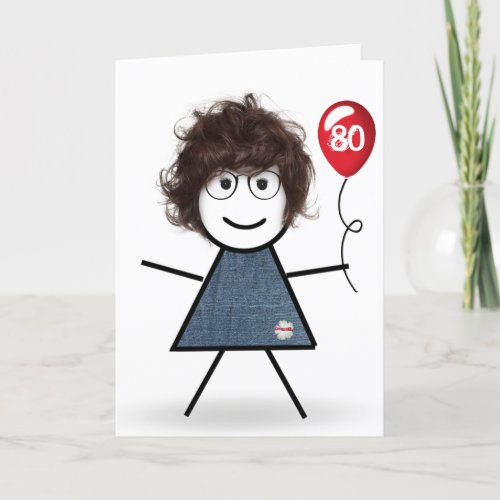 80th Birthday Stick Girl with Red Balloon   Card