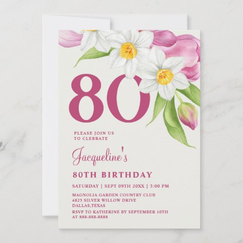 80Th Birthday Stylish Elegant Modern Floral Pink Invitation