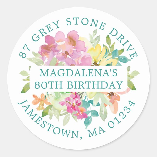 80th Birthday Summer Floral Return Address Label (Front)