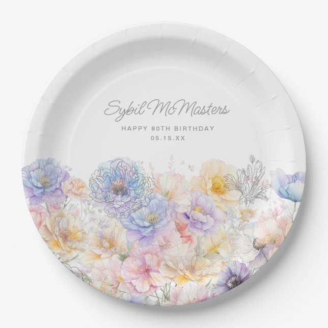 80th Birthday Summer Watercolor Floral Custom Paper Plates (Front)