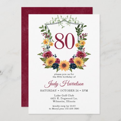 80th Birthday Sunflower Floral Crest Invitation