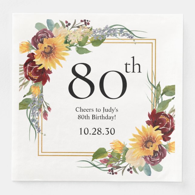 80th Birthday Sunflowers Paper Dinner Napkins (Front)