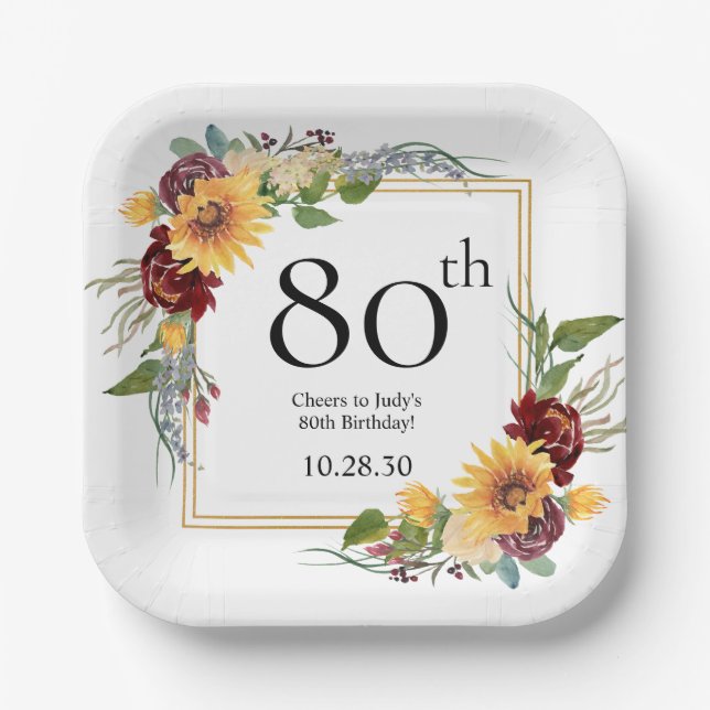 80th Birthday Sunflowers Paper Plates (Front)