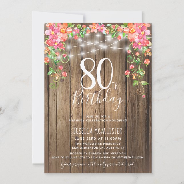 80th Birthday Surprise Brunch Rustic Floral Wood Invitation (Front)