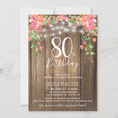 80th Birthday Surprise Brunch Rustic Floral Wood Invitation