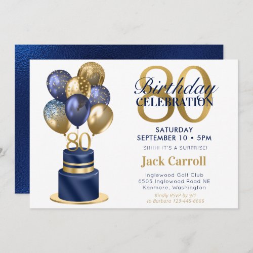 80th Birthday Surprise Navy Blue Cake Invitation