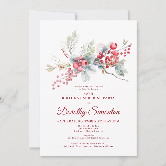 80th Birthday Surprise Party Greenery Red Berry Invitation (Front)