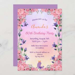 80th birthday tea party pink violet florals cute invitation