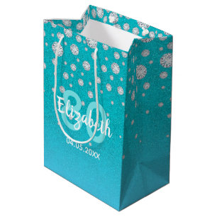 80th birthday teal blue green glitter name diamond medium gift bag
