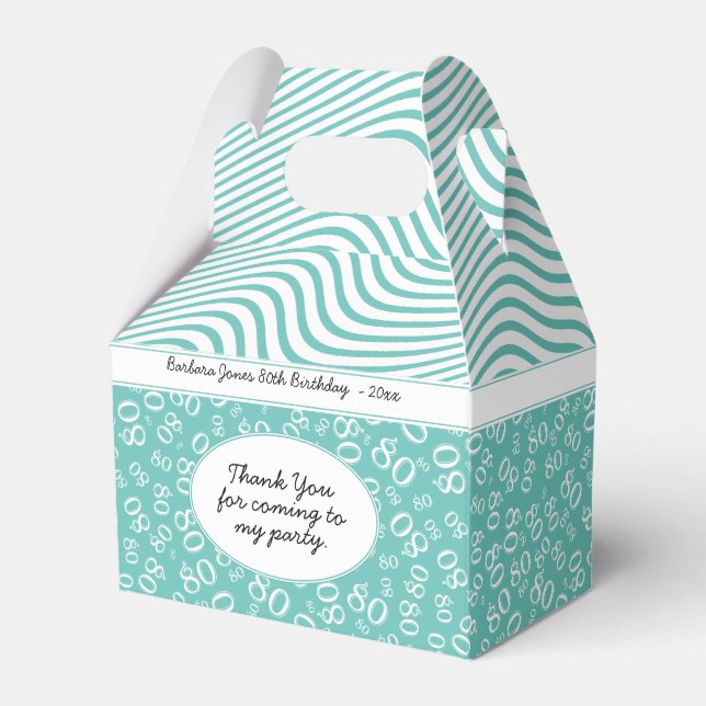 80th Birthday Teal/White Number Pattern 80 Favor Boxes (Front Side)