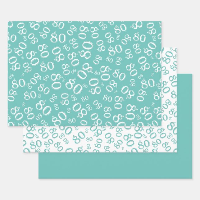 80th Birthday Teal & White Number Pattern 80 Wrapping Paper Sheets (Set)