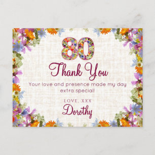 80th Birthday Thank You – Elegant Floral Design Postcard