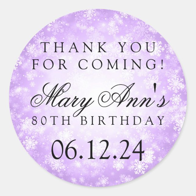 80th Birthday Thank You Purple Winter Wonderland Classic Round Sticker (Front)