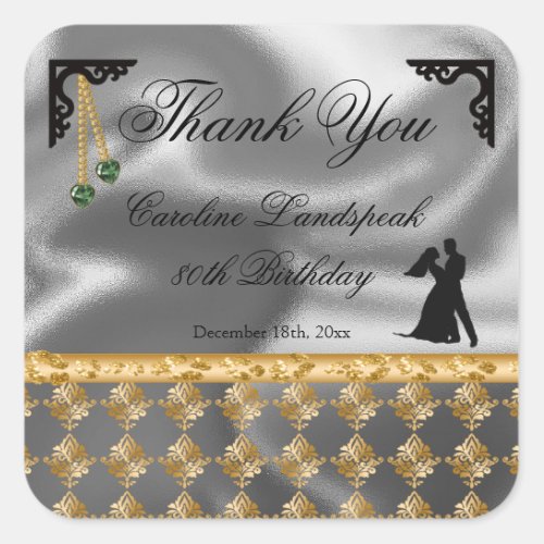 80th Birthday Thank You Silver Foil Gold Damask Square Sticker