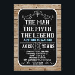 80th Birthday The Man The Myth The Legend 80 YRS Invitation<br><div class="desc">A bold 80th birthday invitation featuring white and blue text over a black background surrounded by wood. Please note the words,  "The Man,  The Myth,  The Legend" and all ornamental lines are NOT editable.</div>