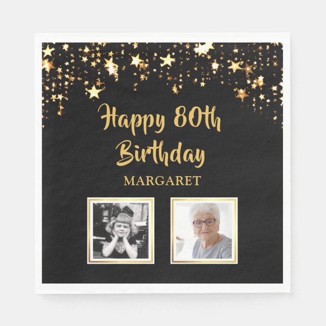 80th Birthday Then and Now Photos Black Gold Stars Napkins (Front)