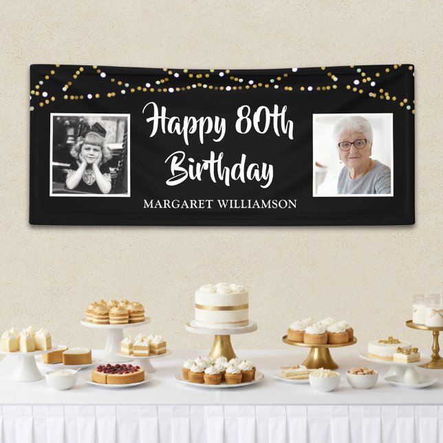 80th Birthday Then & Now Photos Lights Black Banner (Creator Uploaded)