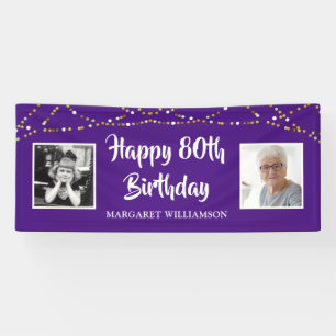 80th Birthday Then & Now Photos Lights Purple Banner
