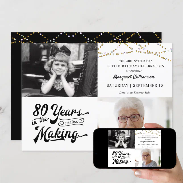 80th Birthday Then & Now Photos String Lights Invi Invitation | Zazzle