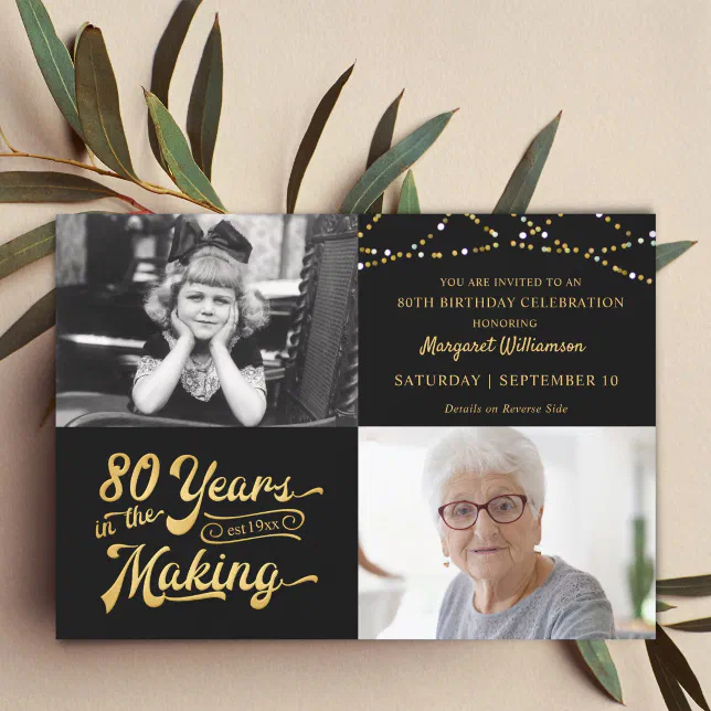 80th Birthday Then & Now Photos String Lights Invitation | Zazzle