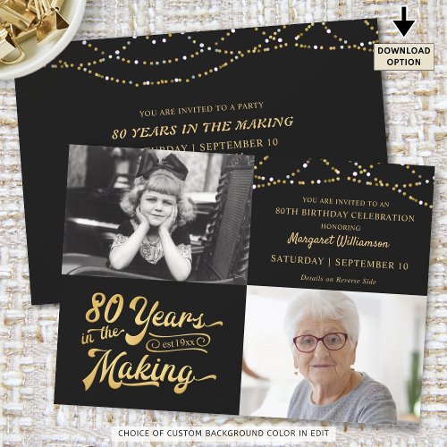 80th Birthday Then  Now Photos String Lights Invitation