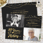 80th Birthday Then & Now Photos String Lights Invitation<br><div class="desc">Invite your guests with this 80th birthday party invitation in black and gold with string lights featuring a retro typography design stating 80 YEARS IN THE MAKING which integrates their birth year within the design. Include THEN and NOW photos for a memorable invitation. Party invitation details are on the back...</div>