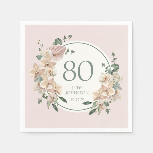 80th Birthday Tropical Floral Napkins (Front)
