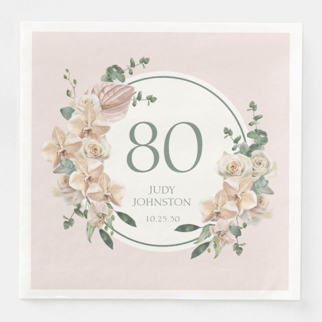 80th Birthday Tropical Floral Paper Dinner Napkins (Front)