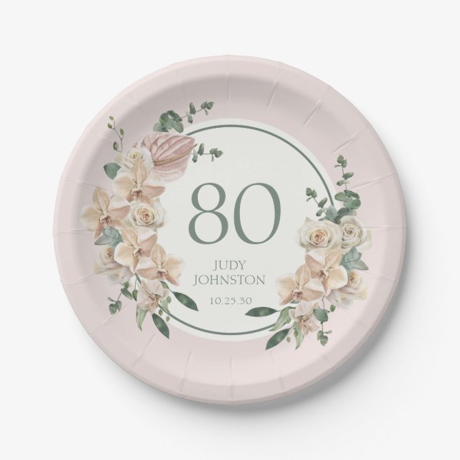 80th Birthday Tropical Floral Paper Plates (Front)