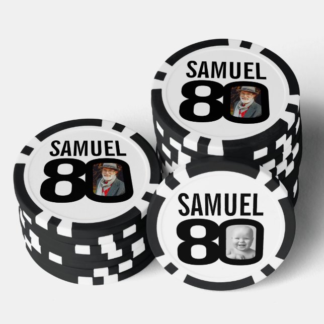 80th birthday two custom photos black and white poker chips (Stack)